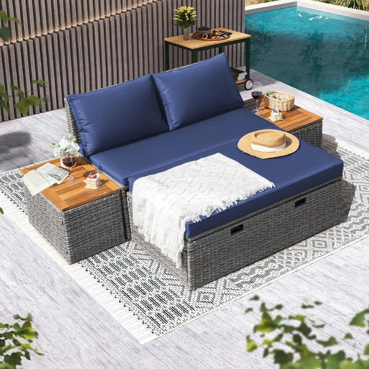 Patio Day Bed Outdoor Daybed Set Rattan Lounge With Side Tables