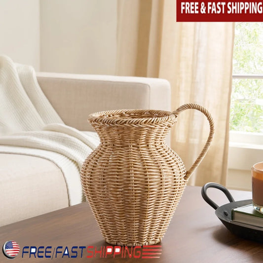 Faux Wood Rattan Pitcher Vase Decorative Home Floral Display