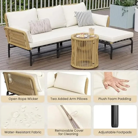 3 Pieces L-Shaped Outdoor Patio Sofa Set With Detachable Lounger